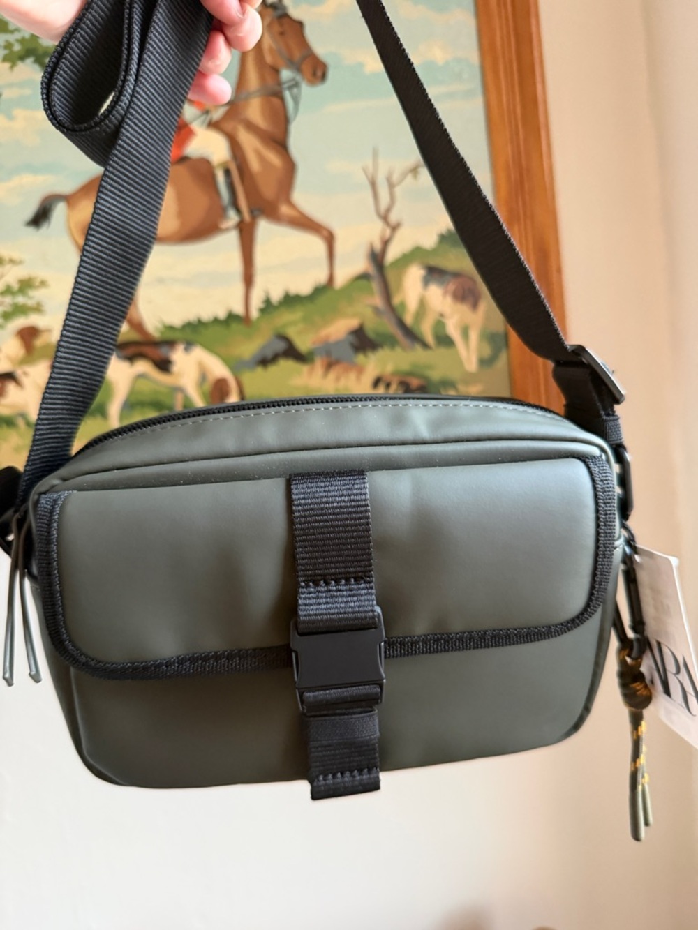 NWT ZARA Rubberised Crossbody Bag Khaki Green Unisex Crossbody Bag Adjustable - Picture 7 of 8